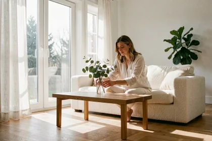 Salon scandinave lumineux avec grandes fenêtres et rideaux en lin blanc optimisant la lumière naturelle pour une ambiance chaleureuse et apaisante