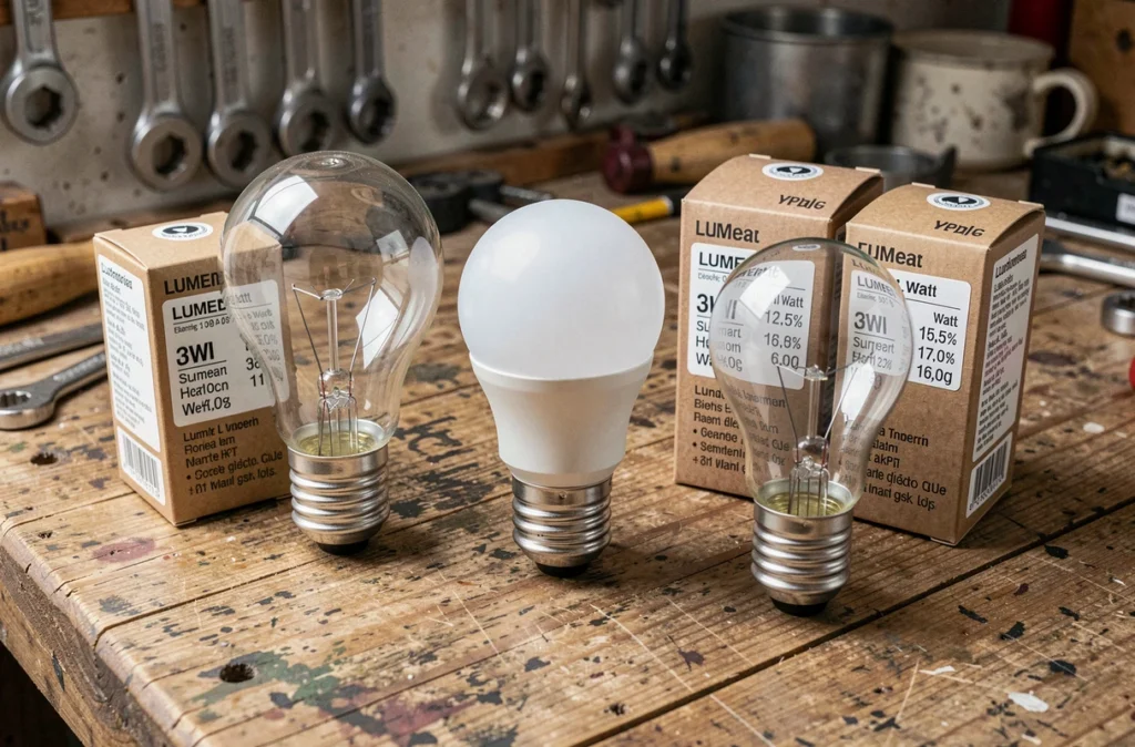 Trois types d'ampoules avec leurs emballages indiquant les lumens et watts sur un établi en bois, comparaison des technologies d'éclairage