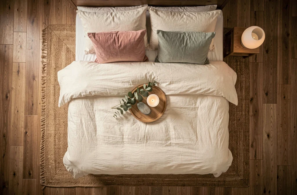 Vue aérienne d'un lit de studio bien orienté en feng shui, avec literie en coton ivoire, plateau en bois et plantes séchées sur parquet en bois