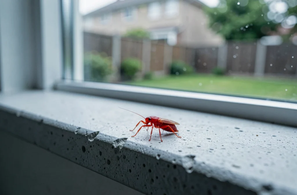 Acarien rouge solitaire sur un rebord de fenêtre gris à l'intérieur d'une maison