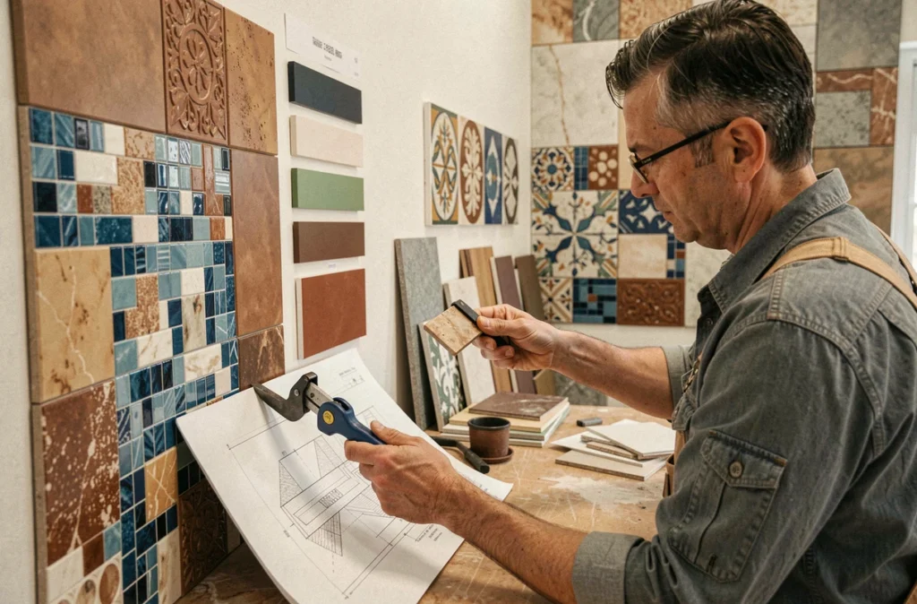 Spécialiste de CFC Déco en train de poser un mosaïque décoratif sur un mur intérieur dans un espace de vie moderne