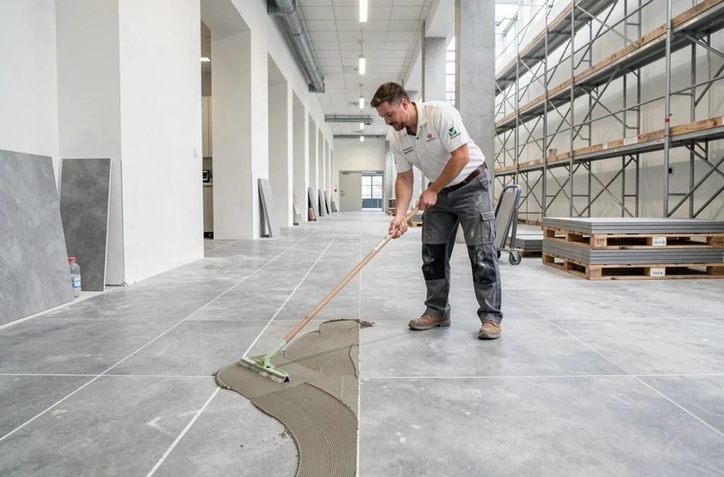 Spécialiste de CFC Sols et Carrelages étudiant un plan de pose de carrelage dans un appartement en cours de rénovation