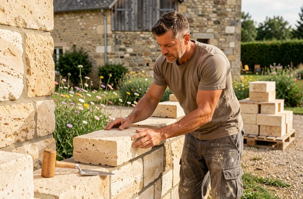 Maçon de l'entreprise DA Silva posant des blocs de tuffeau sur un mur de propriété en Loiret