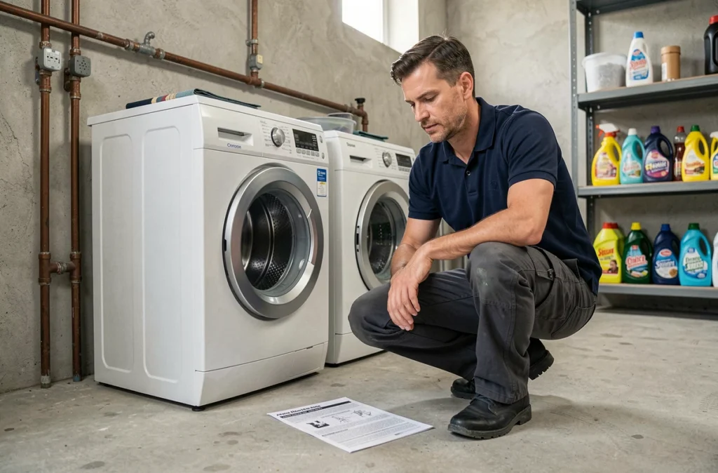 Homme consultant une notice technique devant une machine à laver sortie du mur pour diagnostic