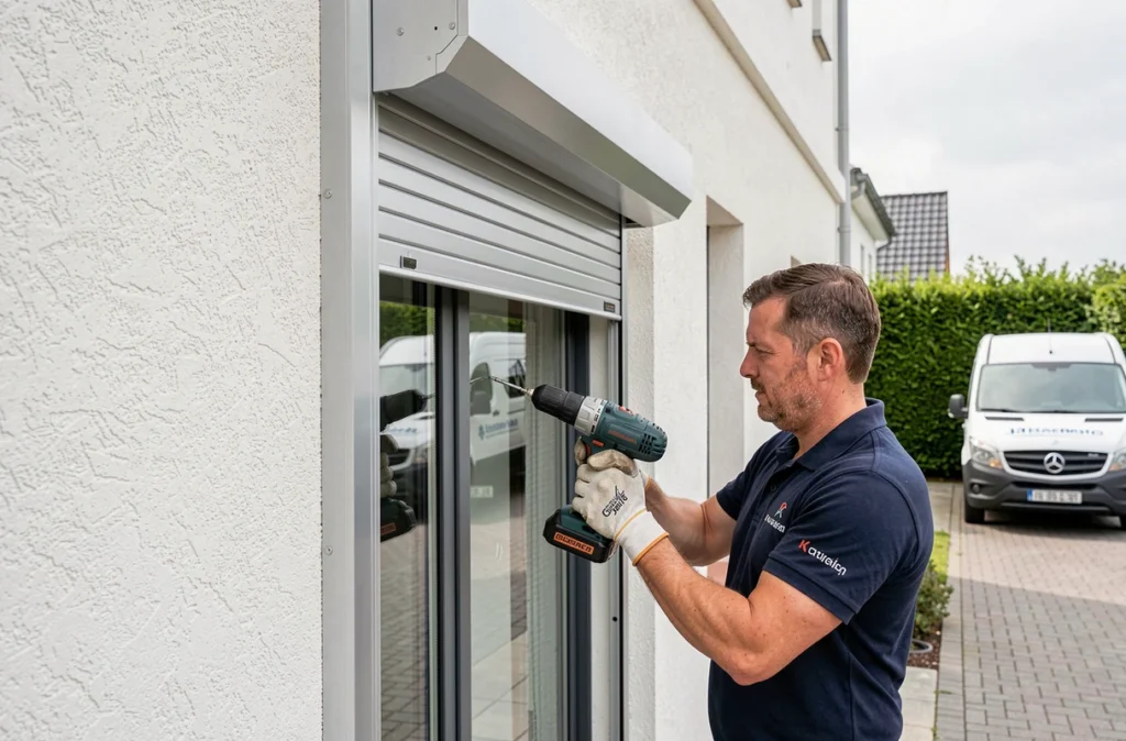 Technicien d'Eric Dominique Fermetures installant un volet roulant aluminium sur une maison contemporaine