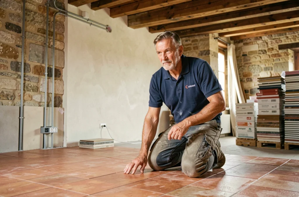Artisan des Etablissements Pierre Revil posant du carrelage dans une ferme rénovée