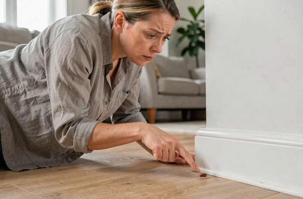 Femme adulte inspectant de minuscules insectes rouges près d'une plinthe dans un intérieur domestique