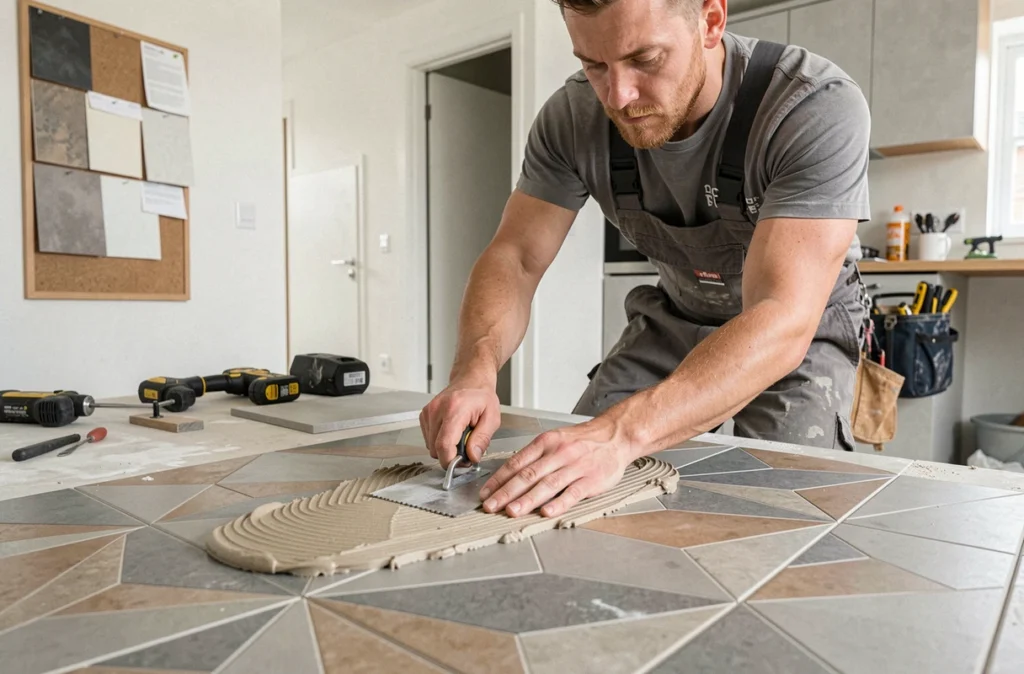 Technicien de GTI PRO posant du carrelage géométrique dans une cuisine moderne lors d'une rénovation