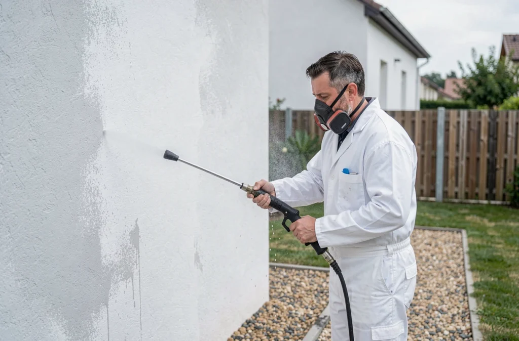Technicien de MSB Clean Construction nettoyant une façade extérieure avec un nettoyeur haute pression