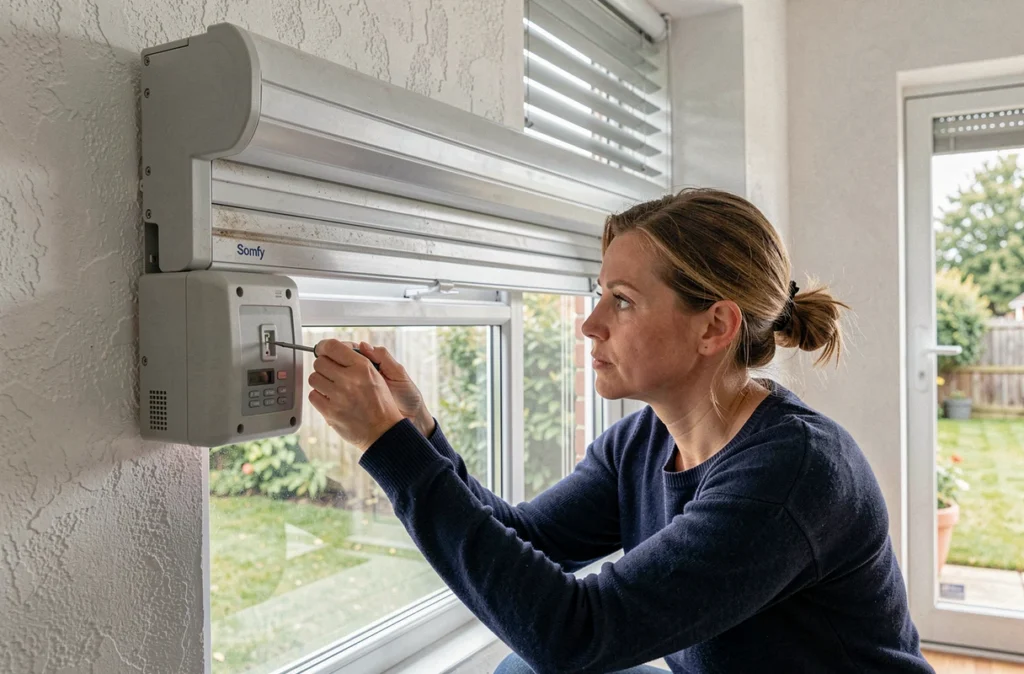 Femme effectuant la programmation du moteur Somfy d'un volet roulant dans une maison individuelle