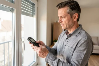 Homme programmant une télécommande Somfy pour un volet roulant dans un appartement moderne