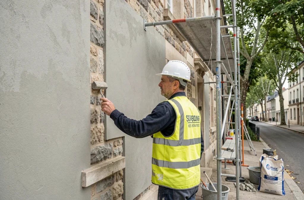 Ouvrier de l'entreprise Sabard appliquant un enduit sur la façade d'une maison en pierre