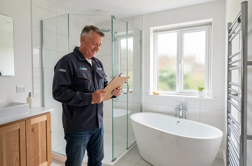 Responsable de Sarl JMML Rénovation inspectant une salle de bain entièrement rénovée dans le Loiret