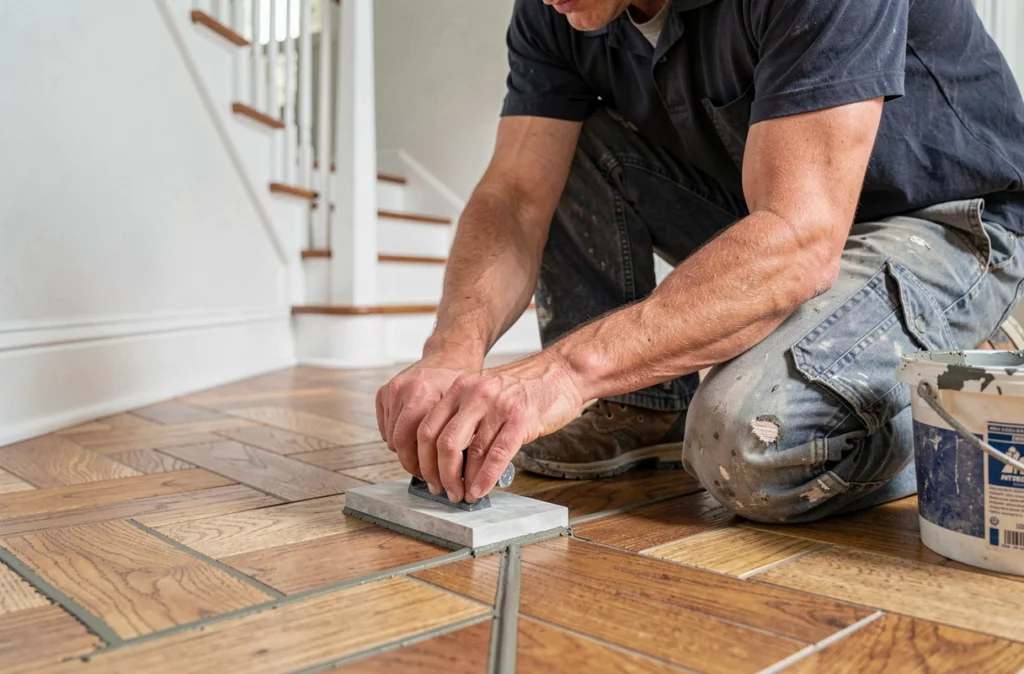 Technicien de SARL MGAF Carrelage Rénovation réalisant le jointoiement d'un carrelage imitation parquet en chevrons dans un couloir résidentiel