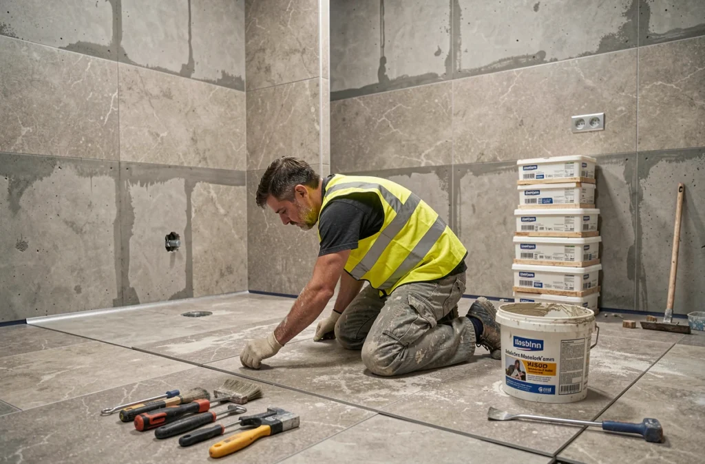Technicien de SARL MGAF Rénovation appliquant une membrane d'étanchéité avant la pose de carrelage dans une salle de bain en rénovation