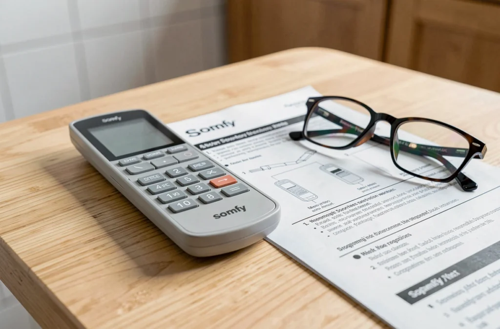 Télécommande Somfy posée sur une table avec notice de programmation pour volet roulant