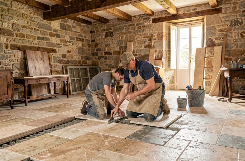 Carreleur d'Unisols Carrelage Fontainebleau posant des dalles en pierre calcaire dans une propriété de caractère près de Fontainebleau