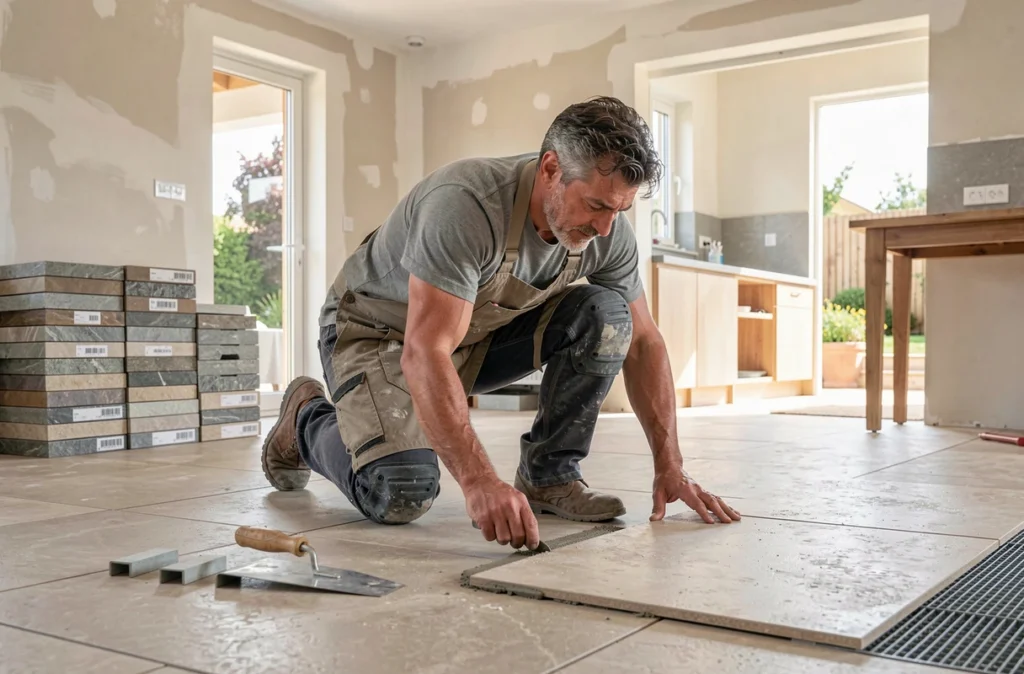 Carreleur de Vendeiro Bico posant du carrelage en pierre naturelle dans une maison en rénovation