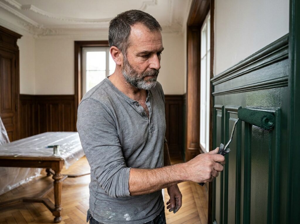 Artisan peintre expérimenté appliquant une peinture vert forêt sur un mur lambrissé dans une salle à manger classique de standing