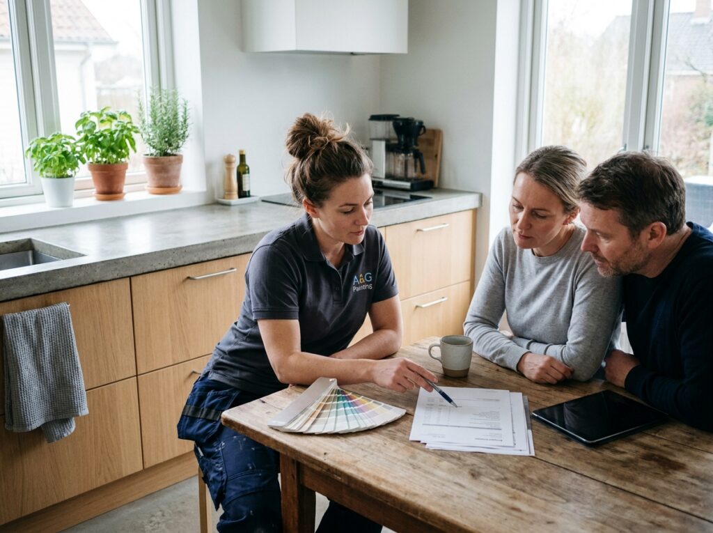 Professionnelle de la peinture intérieure en consultation avec un couple de propriétaires autour d'un devis dans une cuisine moderne
