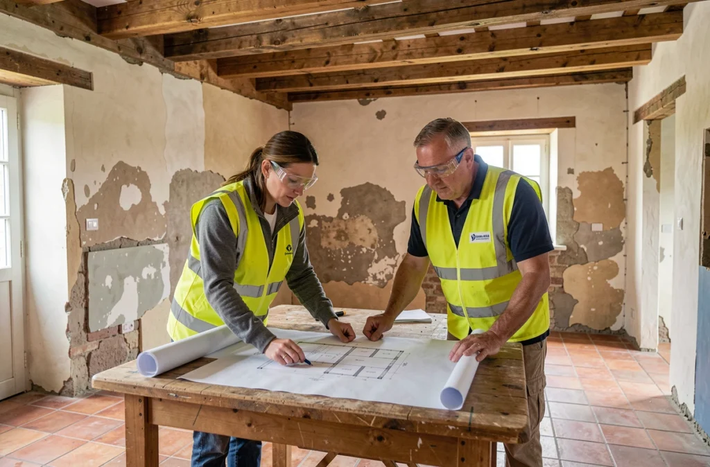 Équipe de rénovation étudiant des plans dans une ferme traditionnelle en cours de rénovation dans le Finistère